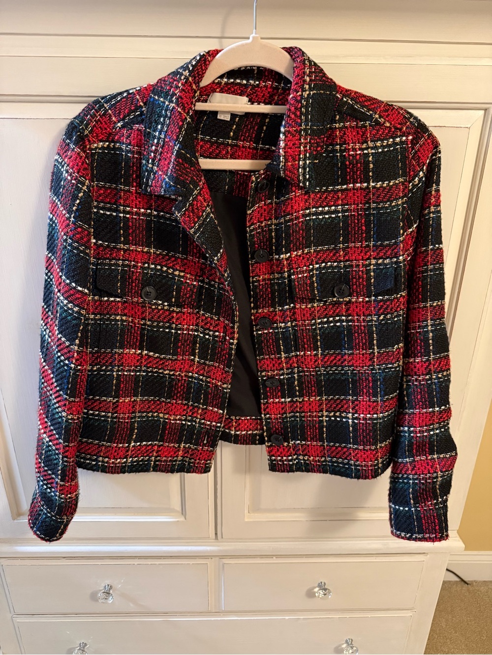 LOFT Plaid Tweed Jacket XS | Red Black Button Front Cropped Blazer